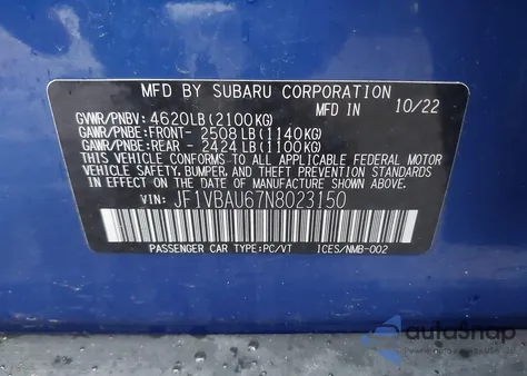 2022 Subaru Wrx Gt z USA, uszkodzony, nr VIN JF1VBAU67N8023150